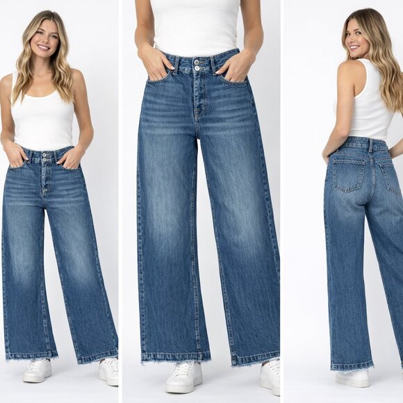 KanCan Denim - Kancan High Rise Button Fly Wide Leg Jeans – Raw Hem Medium Wash Size 28